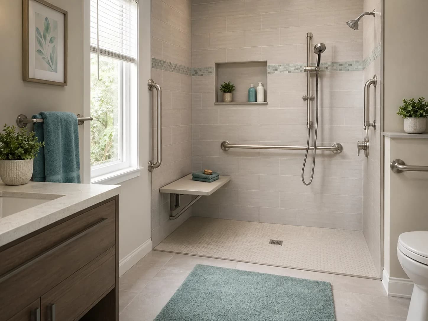 Accessible bathroom conversion with a safer shower layout