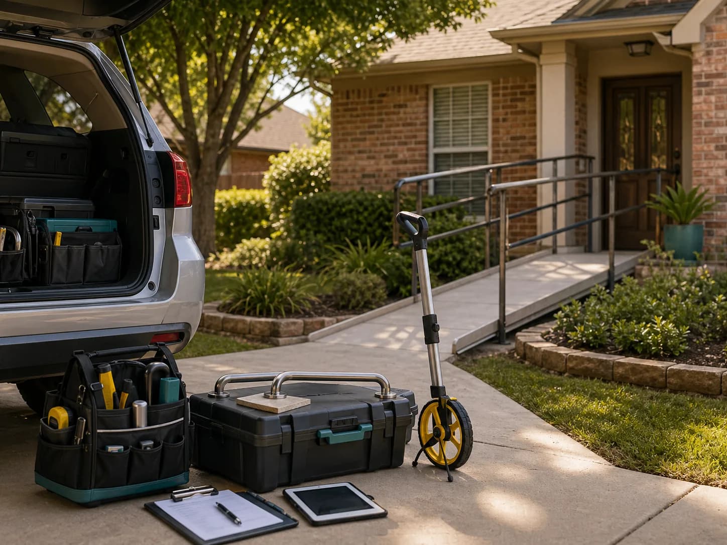 Mobile accessibility assessment equipment outside a home with ramp access